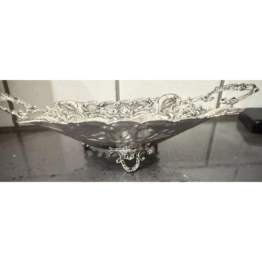 Vtg Silver Plated Tri-foot Footed Candy Dish / Tray Handles Roses